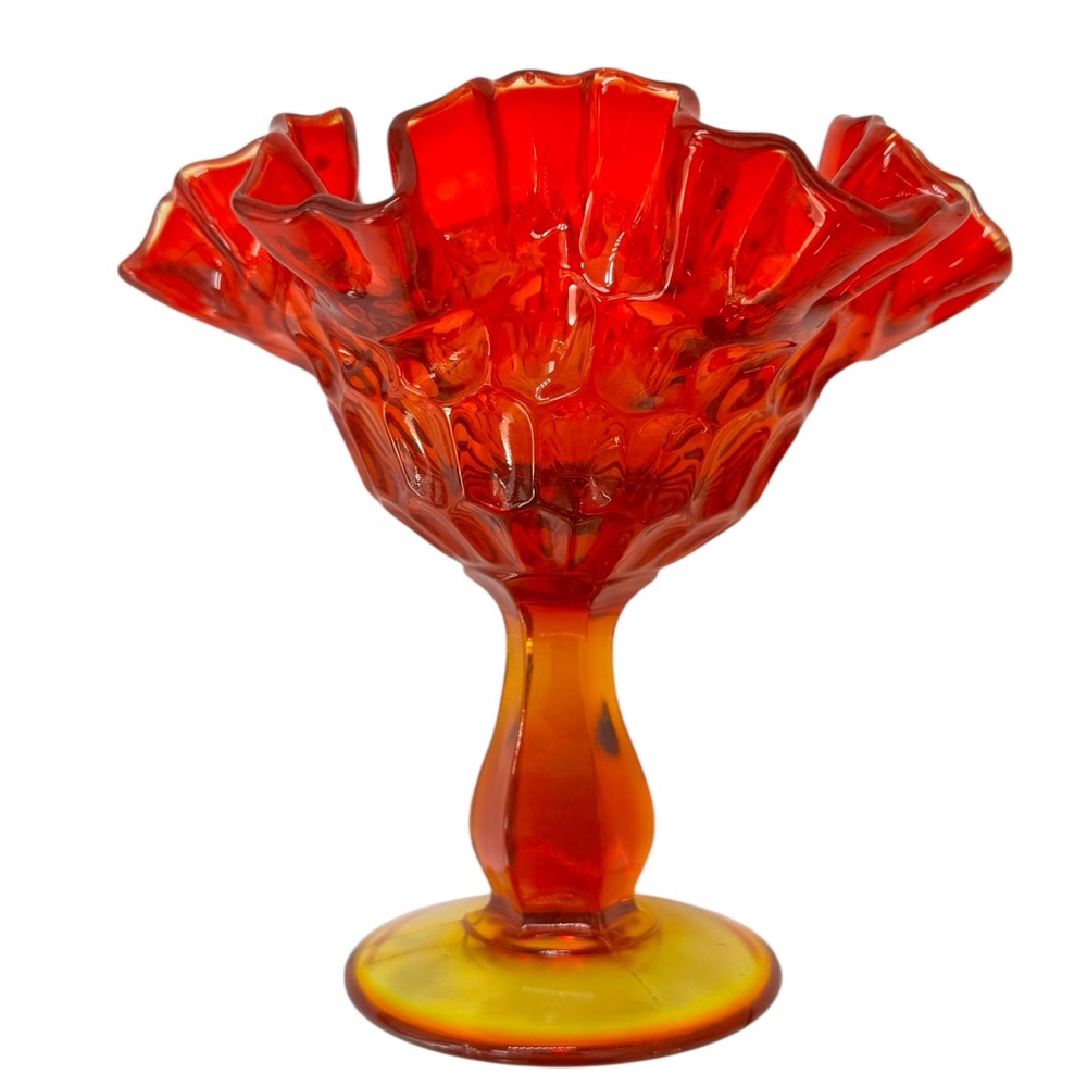 Vintage Fenton thumbprint candy dish compote pedestal amberina 6”